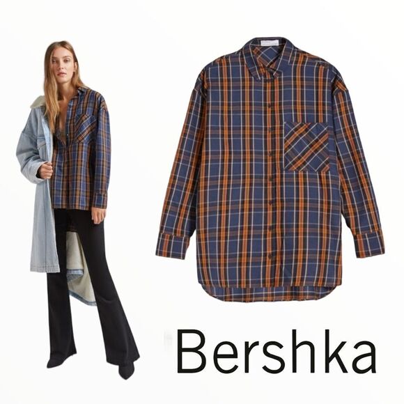 BERSHKA | Blue & Brown | OVERSIZED PLAID SHIRT - Picture 1 of 9